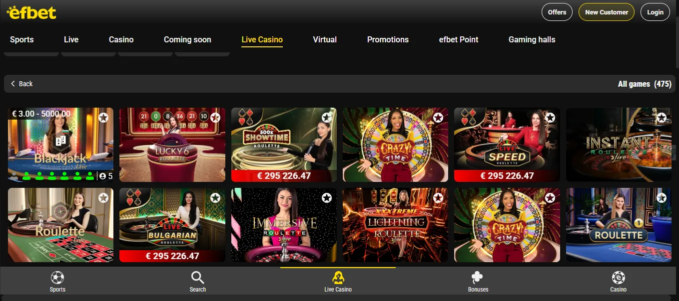 Screenshot of EF Bet's games lobby
