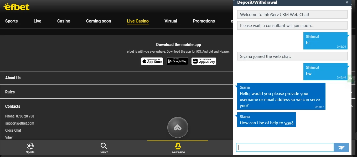 Screenshot of EF Bet's live chat support window