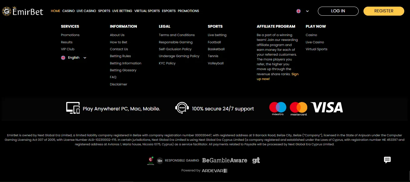 Screenshot of Emirbet's footer licence and regulator details