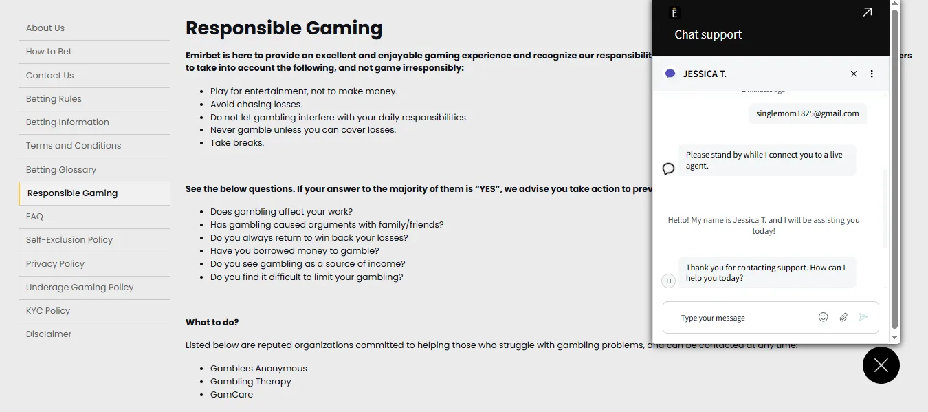 Screenshot of Emirbet's live chat support window