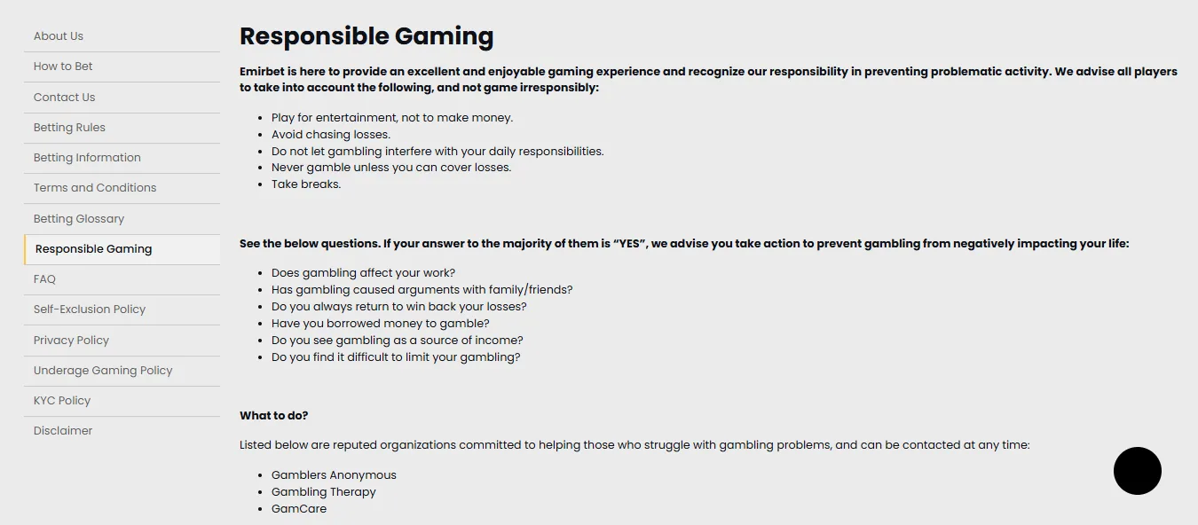 Screenshot of Emirbet's responsible-gambling tools