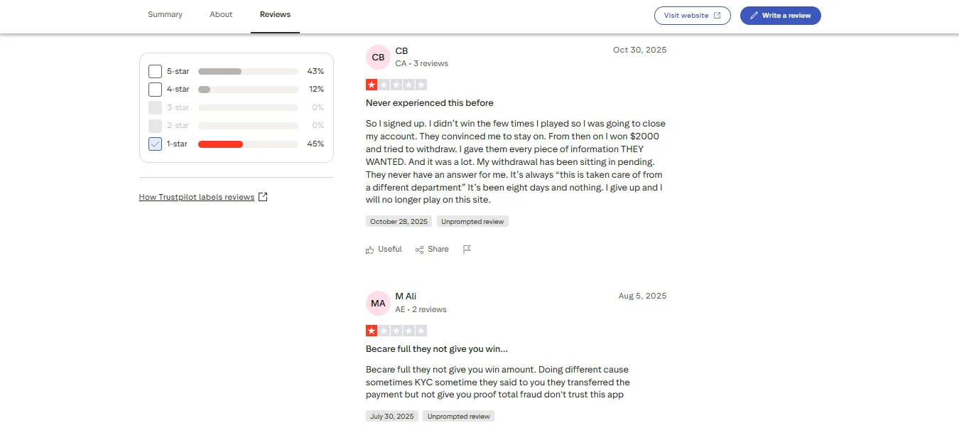 Screenshot of Emirbet's negative Trustpilot review