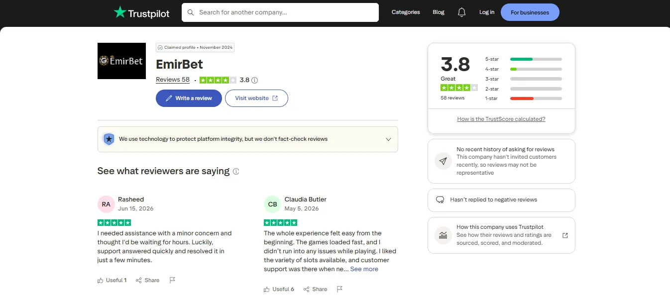 Screenshot of Emirbet's Trustpilot rating overview