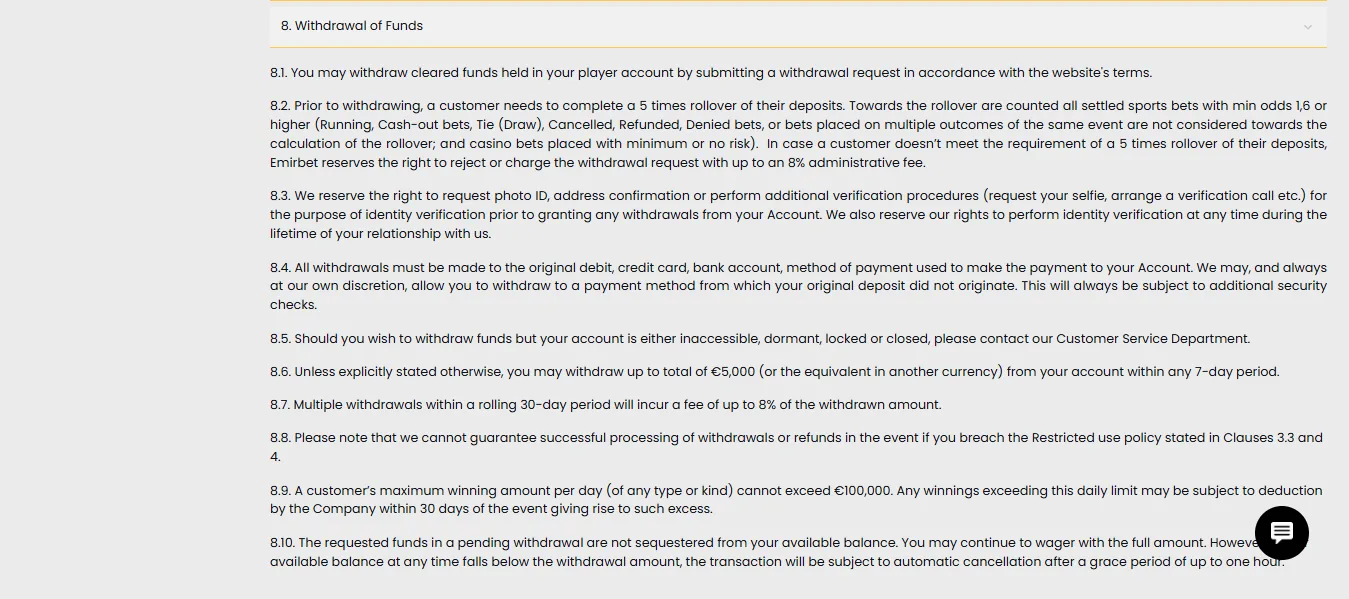 Screenshot of Emirbet's withdrawal section and limits