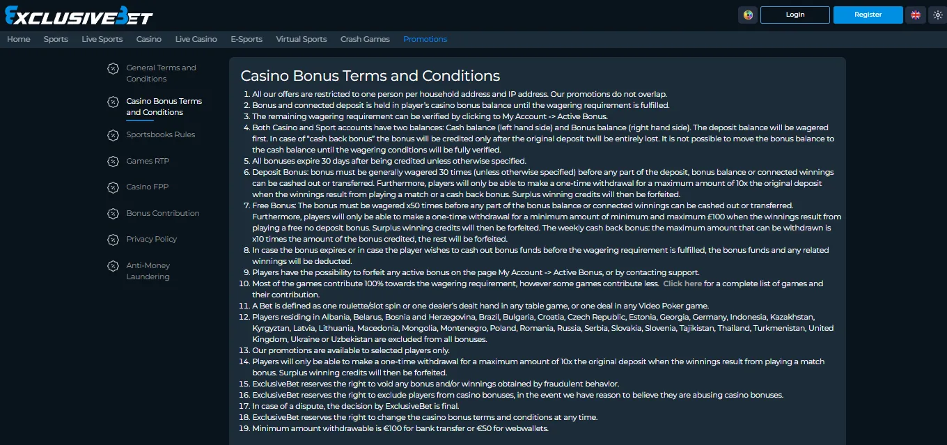 Screenshot of Exclusive Bet's bonus terms and wagering requirements