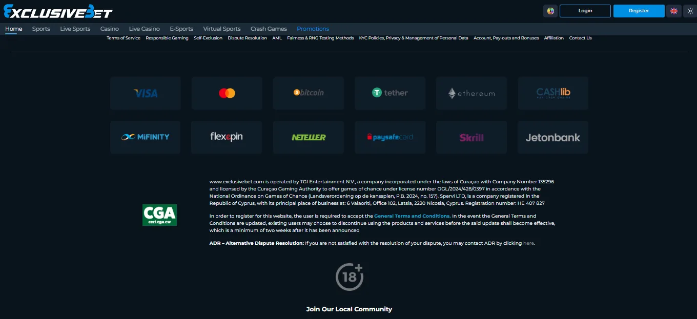 Screenshot of Exclusive Bet's footer licence and regulator details