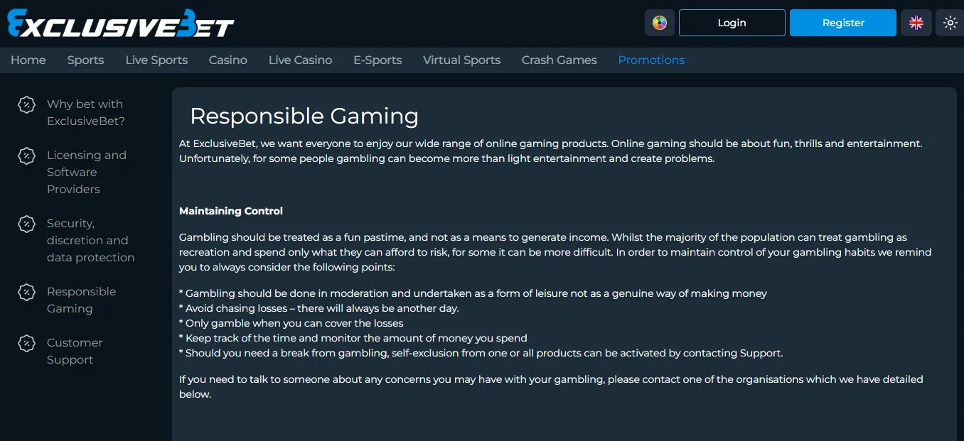 Screenshot of Exclusive Bet's responsible-gambling tools