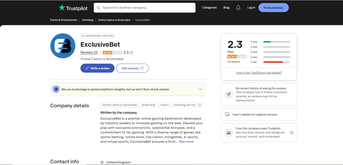 Screenshot of Exclusive Bet's Trustpilot rating overview