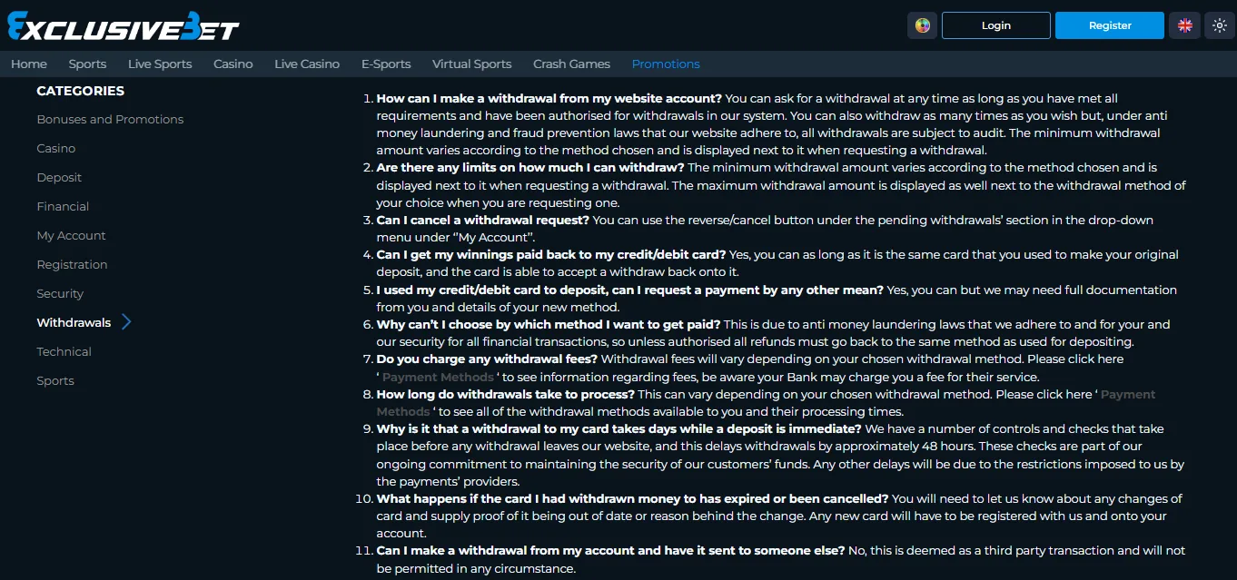 Screenshot of Exclusive Bet's withdrawal section and limits