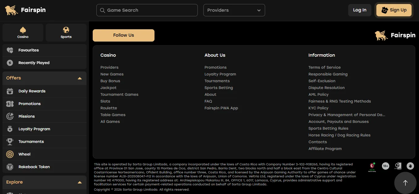 Screenshot of Fairspin Casino's footer licence and regulator details