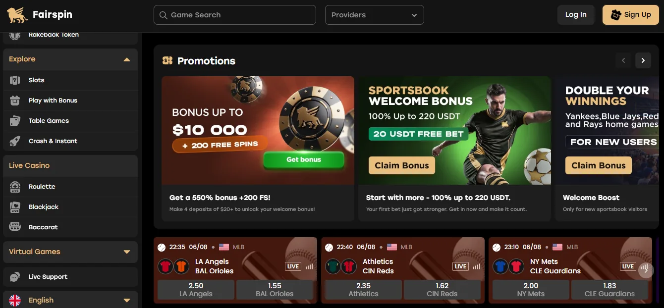 Screenshot of Fairspin Casino's homepage