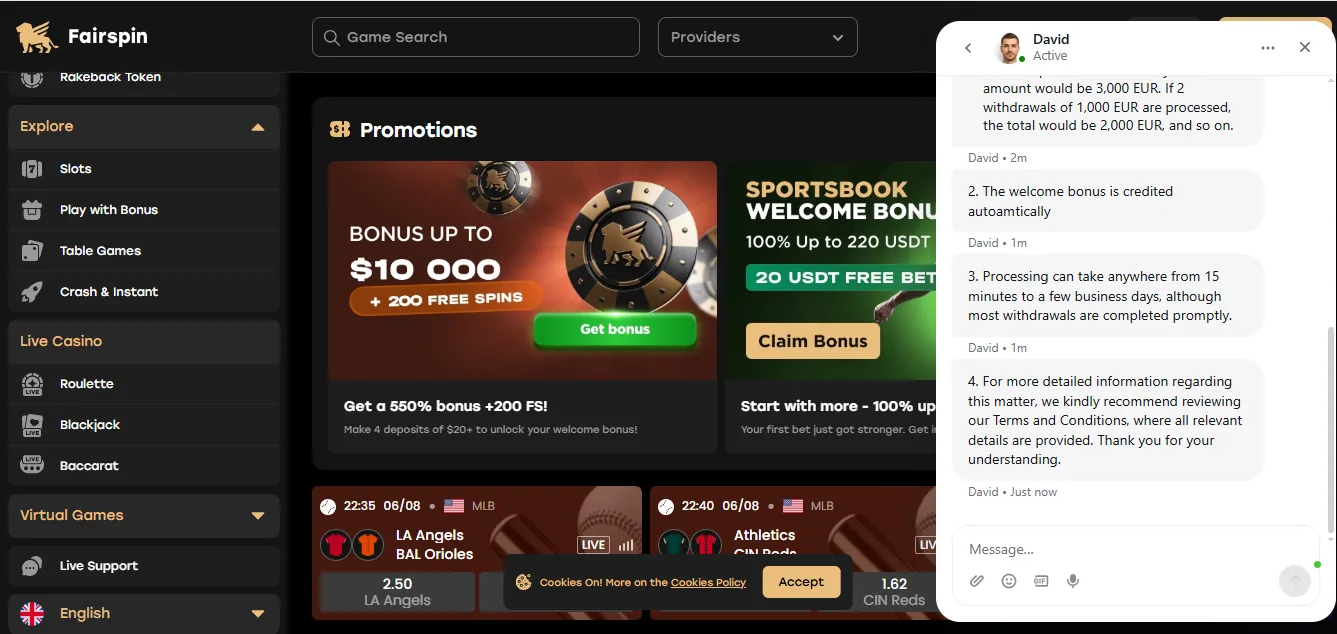 Screenshot of Fairspin Casino's live chat support window