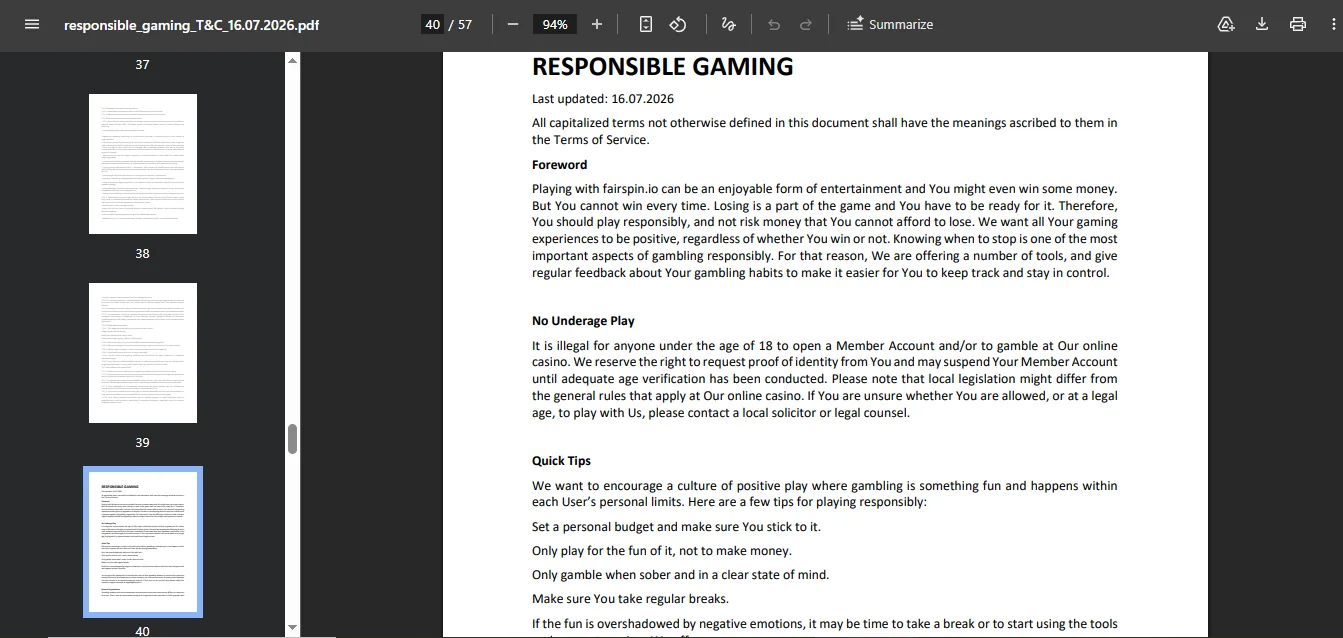 Screenshot of Fairspin Casino's responsible-gambling tools