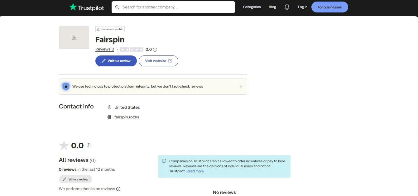 Screenshot of Fairspin Casino's Trustpilot rating overview