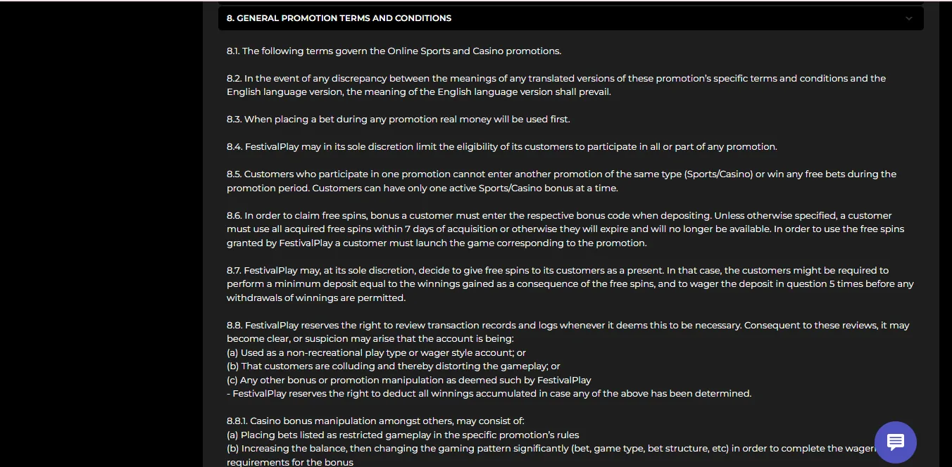Screenshot of FestivalPlay's bonus terms and wagering requirements