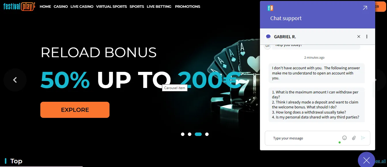 Screenshot of FestivalPlay's live chat support window