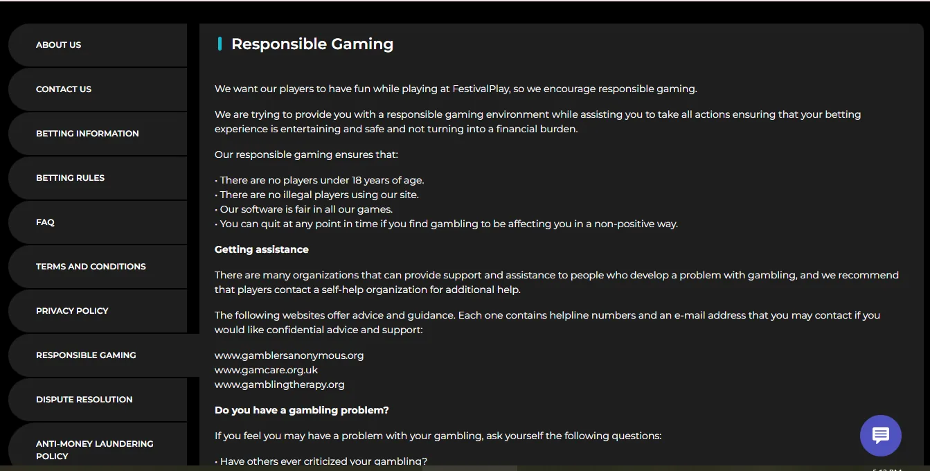 Screenshot of FestivalPlay's responsible-gambling tools