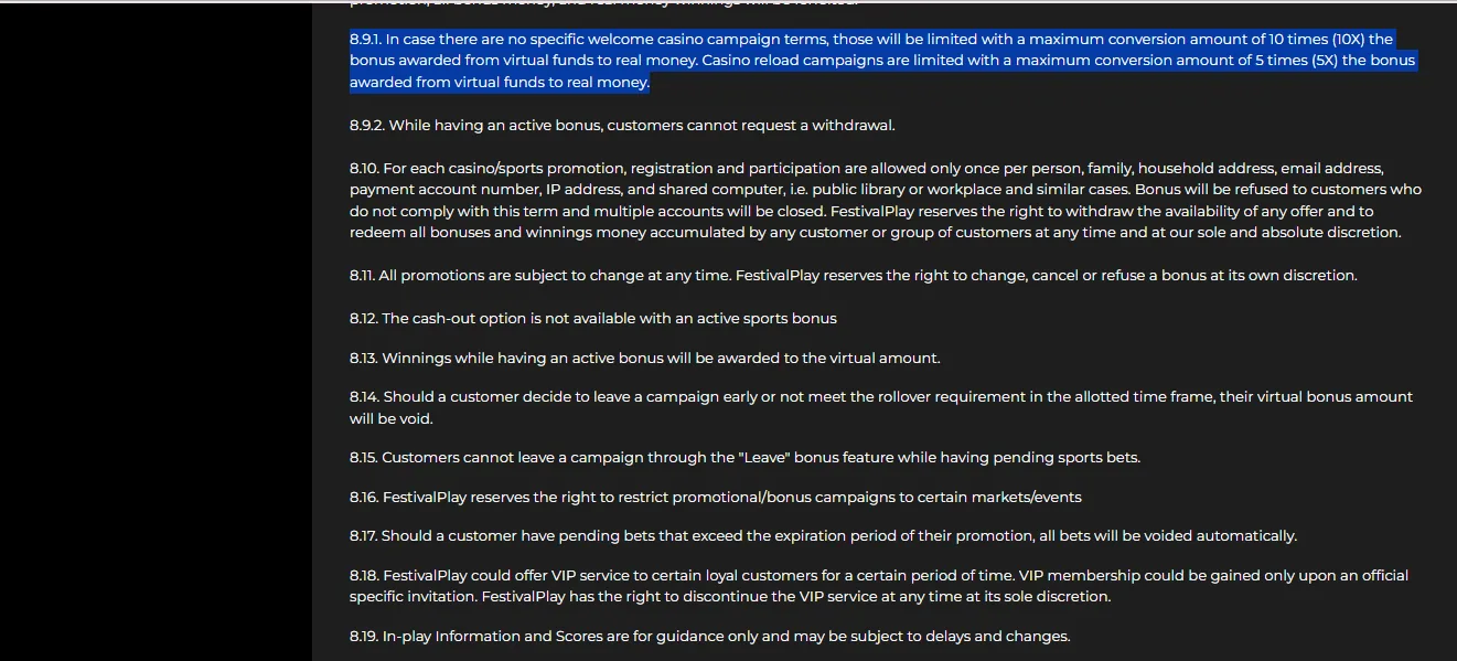 Screenshot of FestivalPlay's withdrawal section and limits