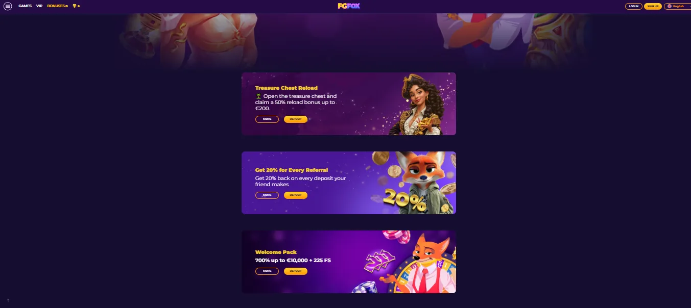 Screenshot of FGFOX Casino's welcome bonus offer