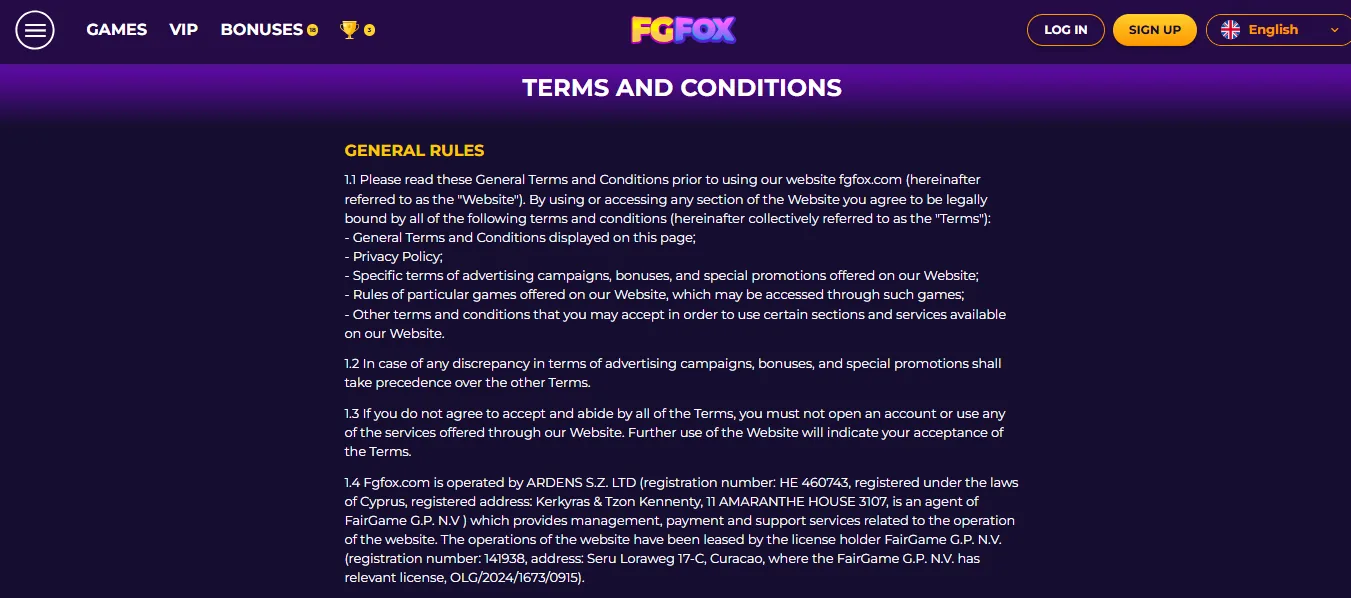 Screenshot of FGFOX Casino's bonus terms and wagering requirements