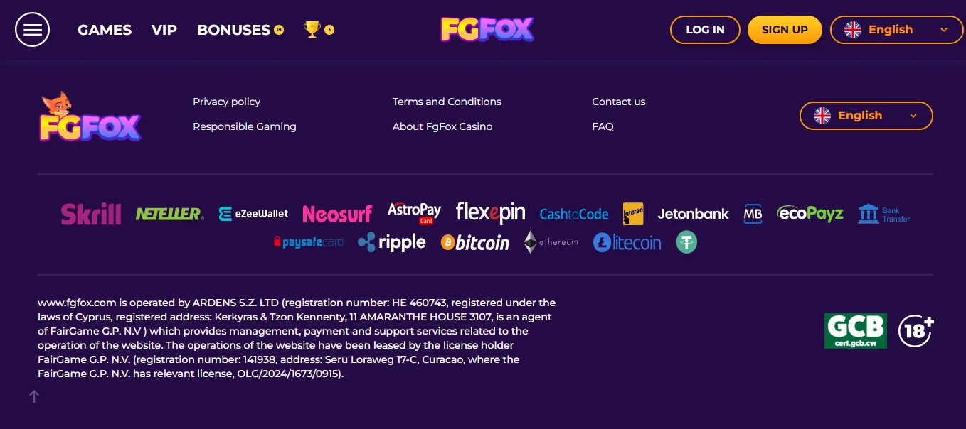 Screenshot of FGFOX Casino's footer licence and regulator details