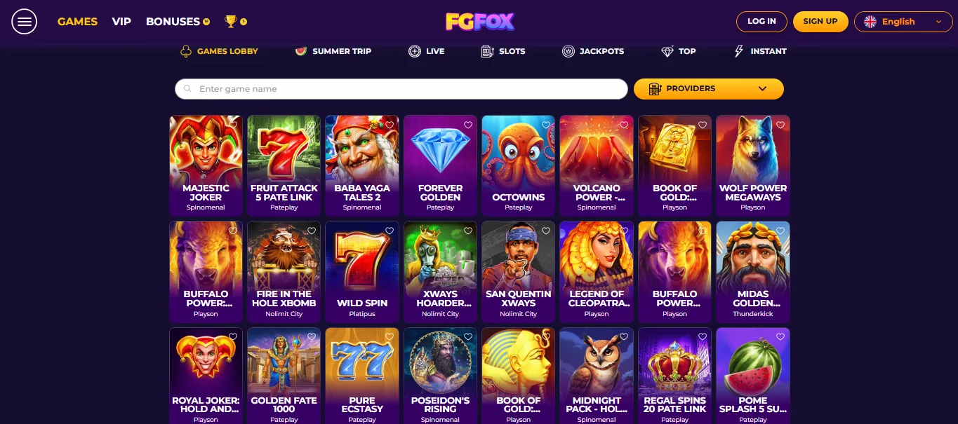 Screenshot of FGFOX Casino's games lobby