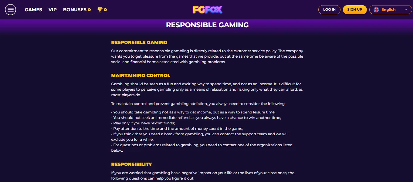 Screenshot of FGFOX Casino's responsible-gambling tools