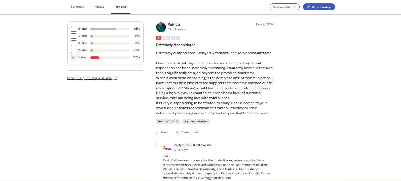 Screenshot of FGFOX Casino's negative Trustpilot review