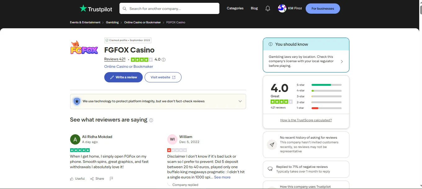 Screenshot of FGFOX Casino's Trustpilot rating overview