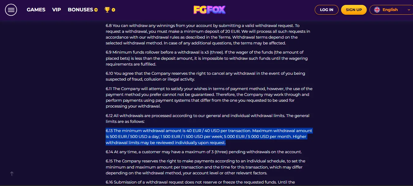 Screenshot of FGFOX Casino's withdrawal section and limits