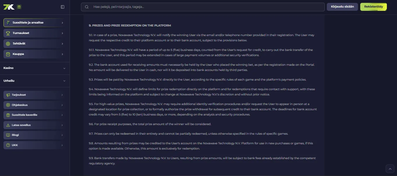 Screenshot of 7K's bonus terms and wagering requirements