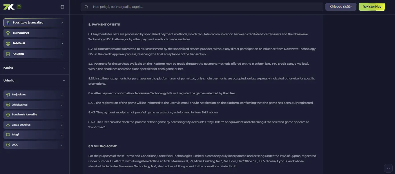 Screenshot of 7K's cashier and payment methods