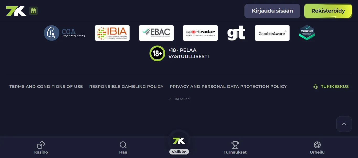 Screenshot of 7K's footer licence and regulator details