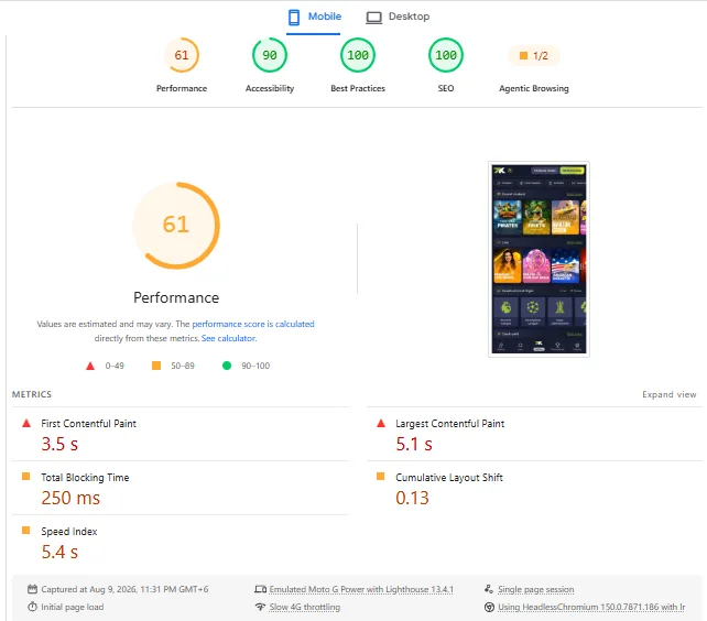 Screenshot of 7K's mobile site
