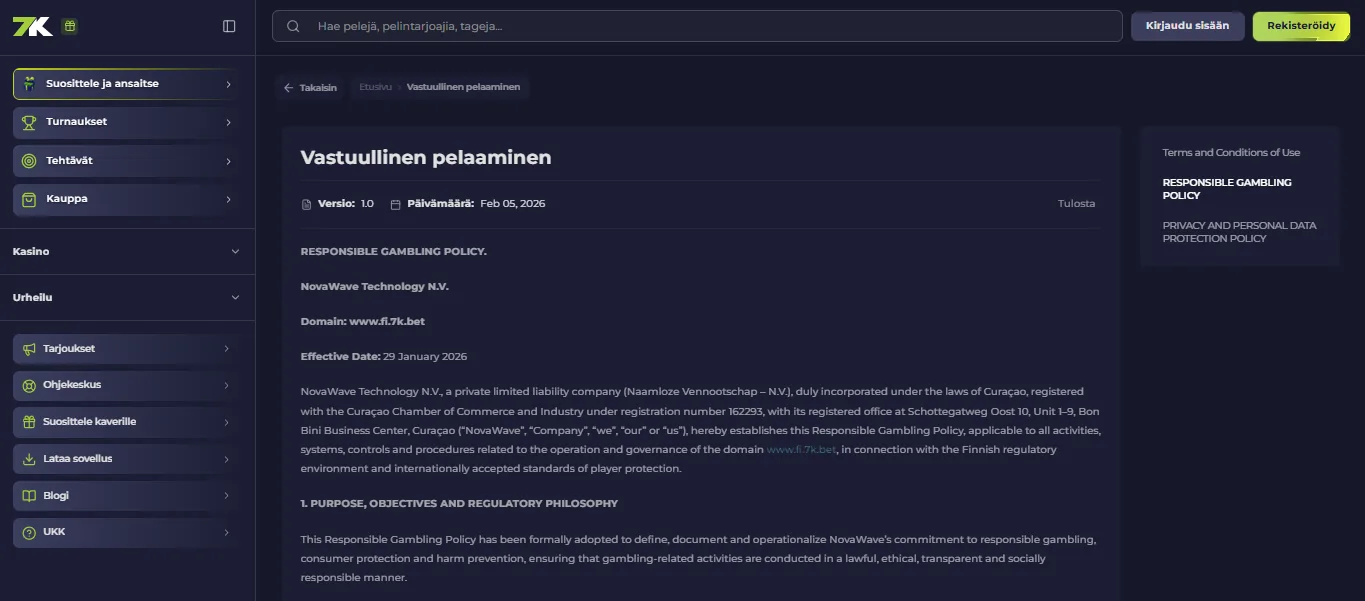 Screenshot of 7K's responsible-gambling tools