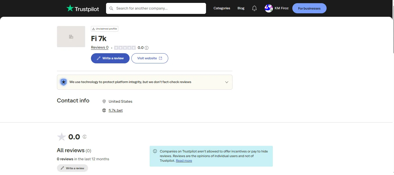 Screenshot of 7K's Trustpilot rating overview