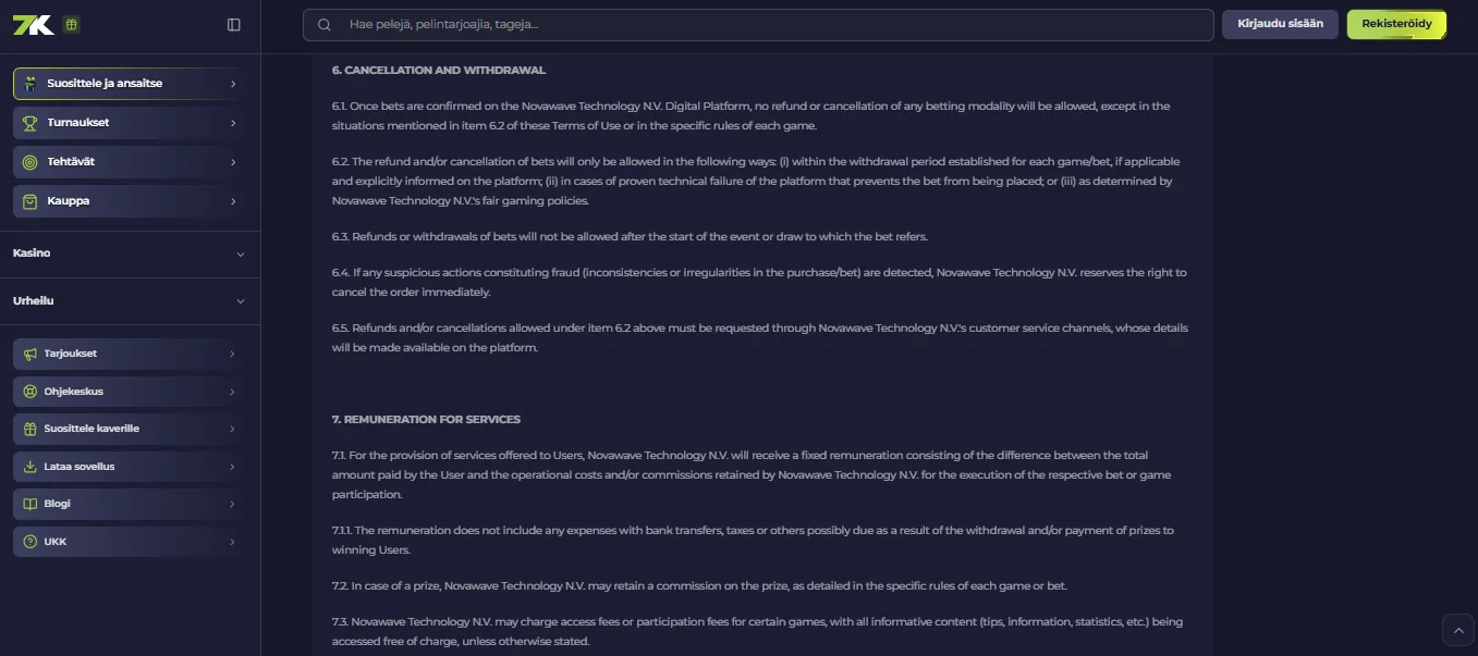 Screenshot of 7K's withdrawal section and limits