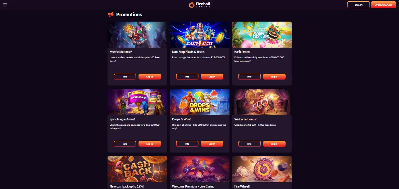 Screenshot of Fireball Casino's welcome bonus offer