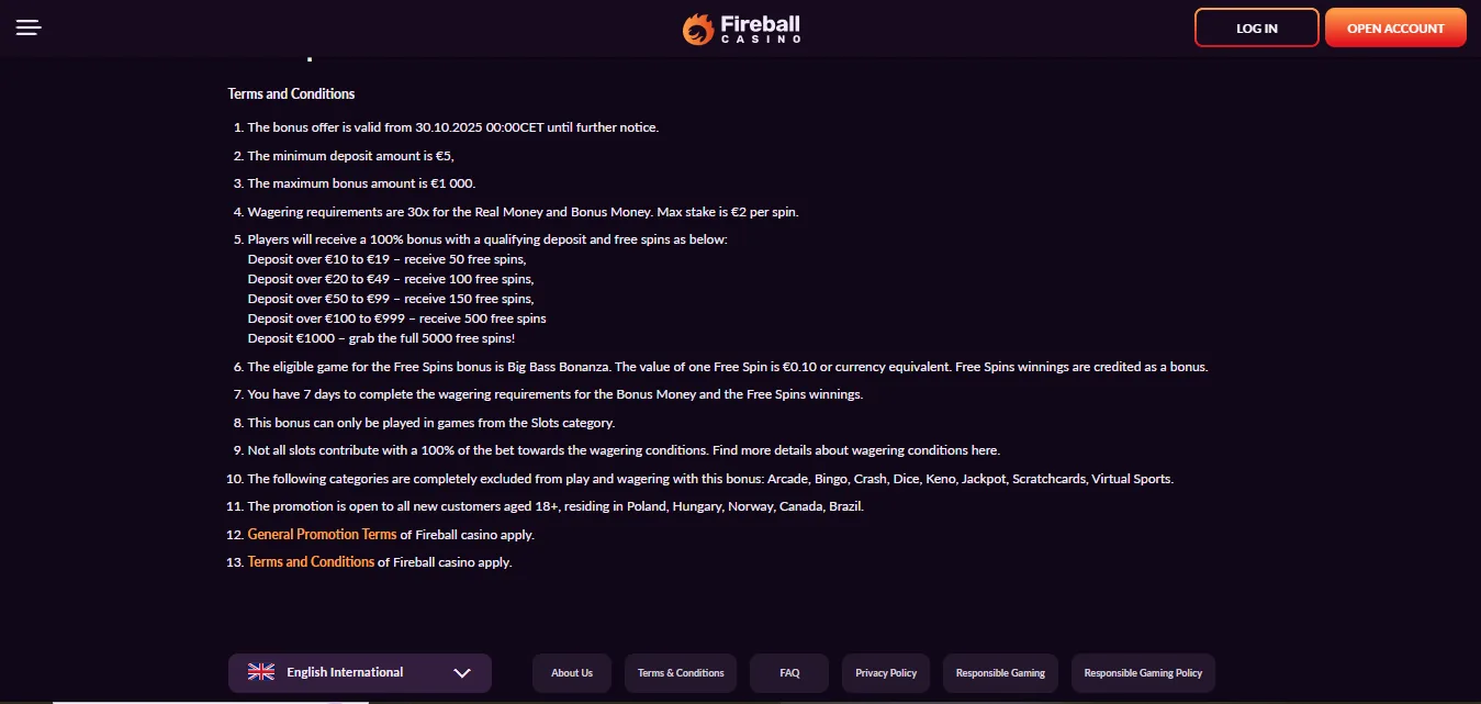 Screenshot of Fireball Casino's bonus terms and wagering requirements