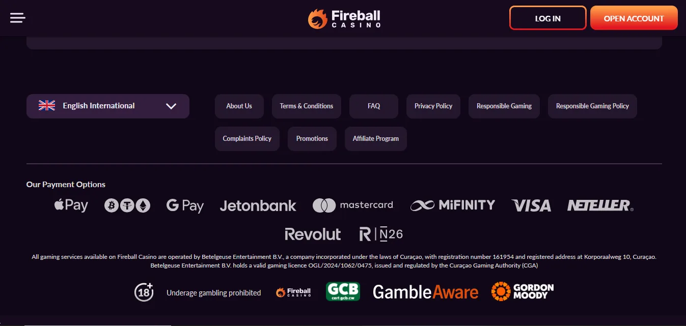 Screenshot of Fireball Casino's footer licence and regulator details
