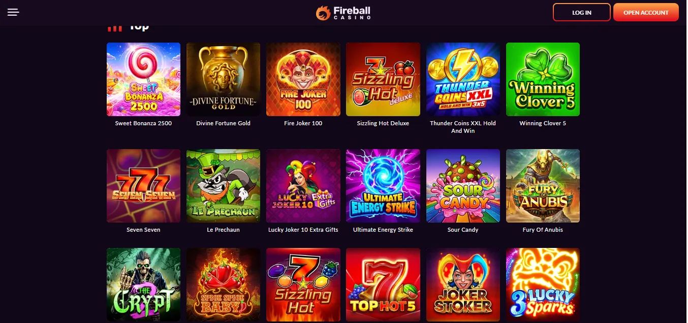 Screenshot of Fireball Casino's games lobby