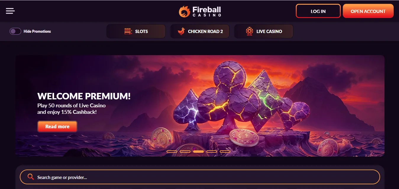 Screenshot of Fireball Casino's homepage