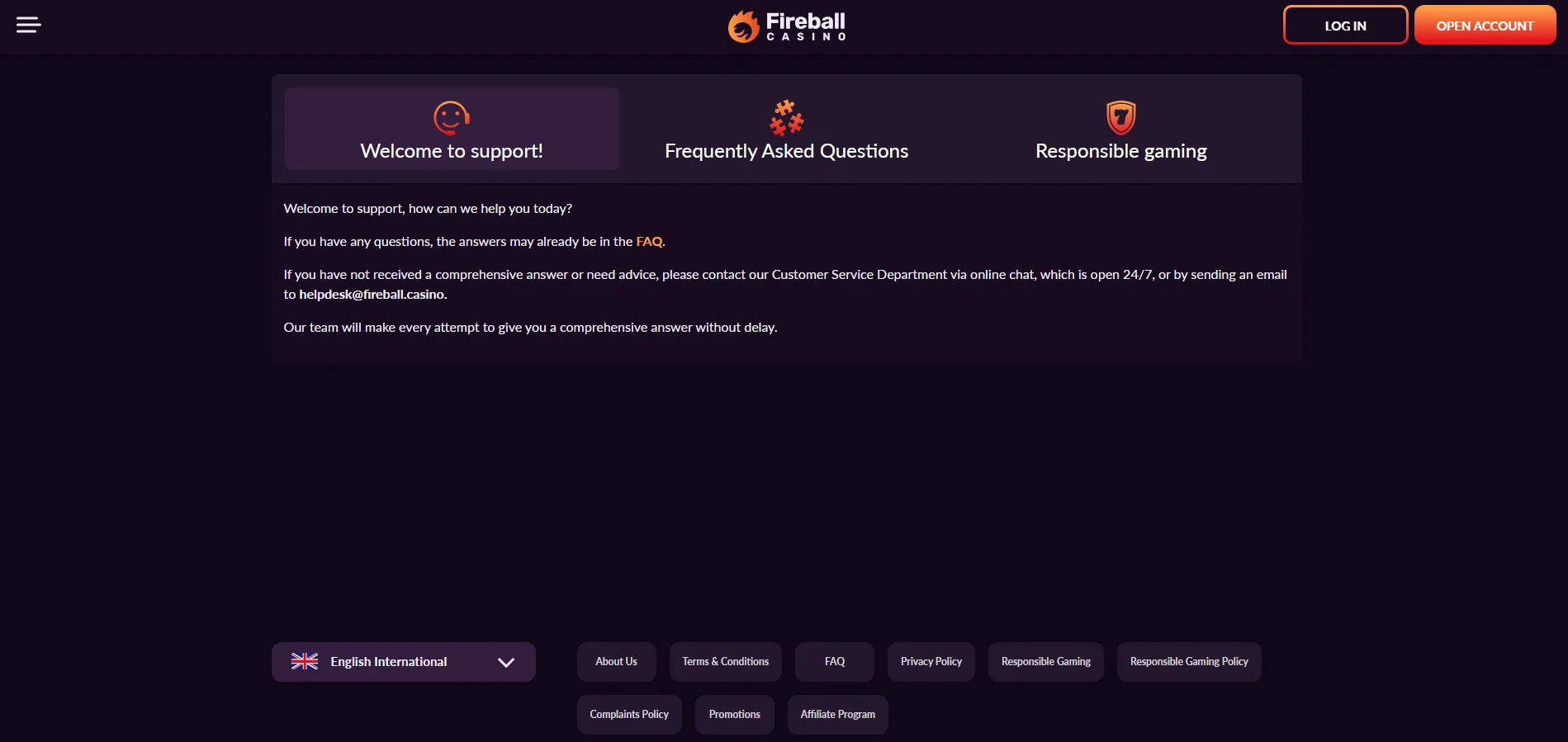 Screenshot of Fireball Casino's live chat support window