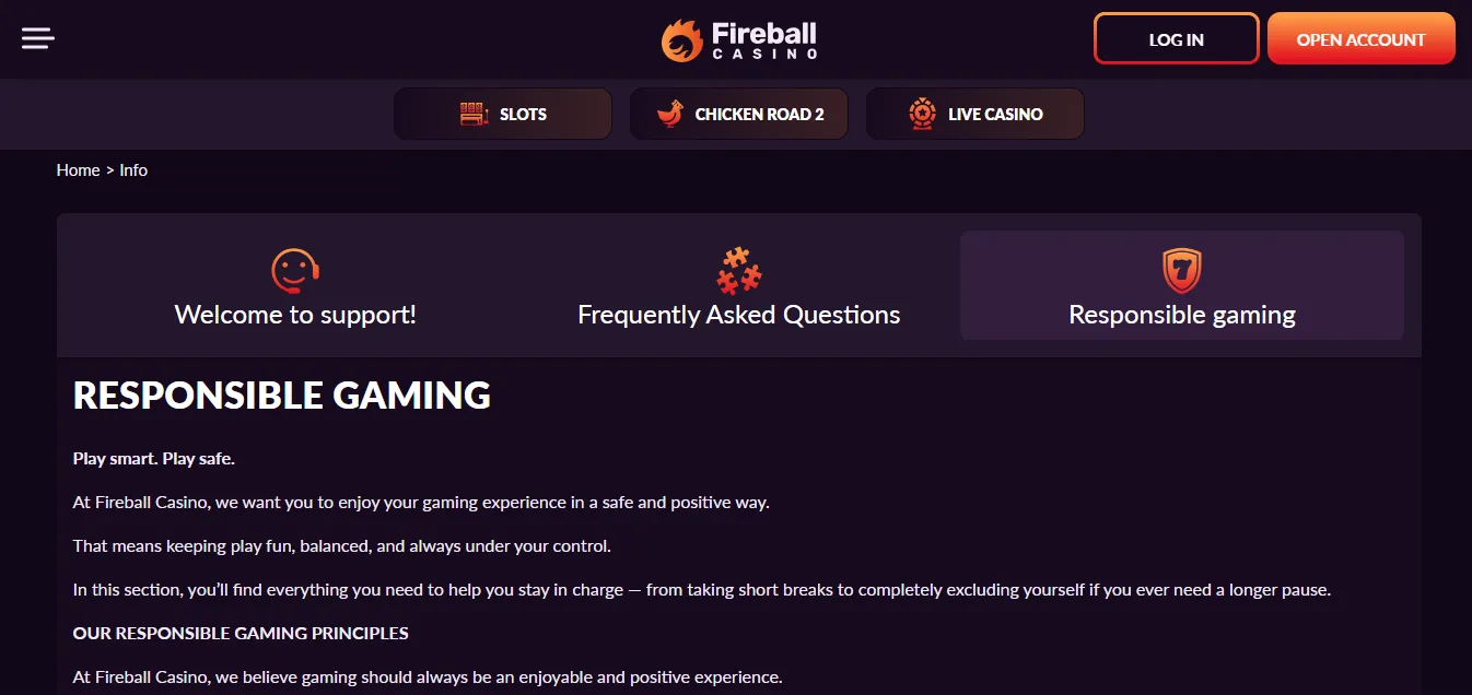 Screenshot of Fireball Casino's responsible-gambling tools