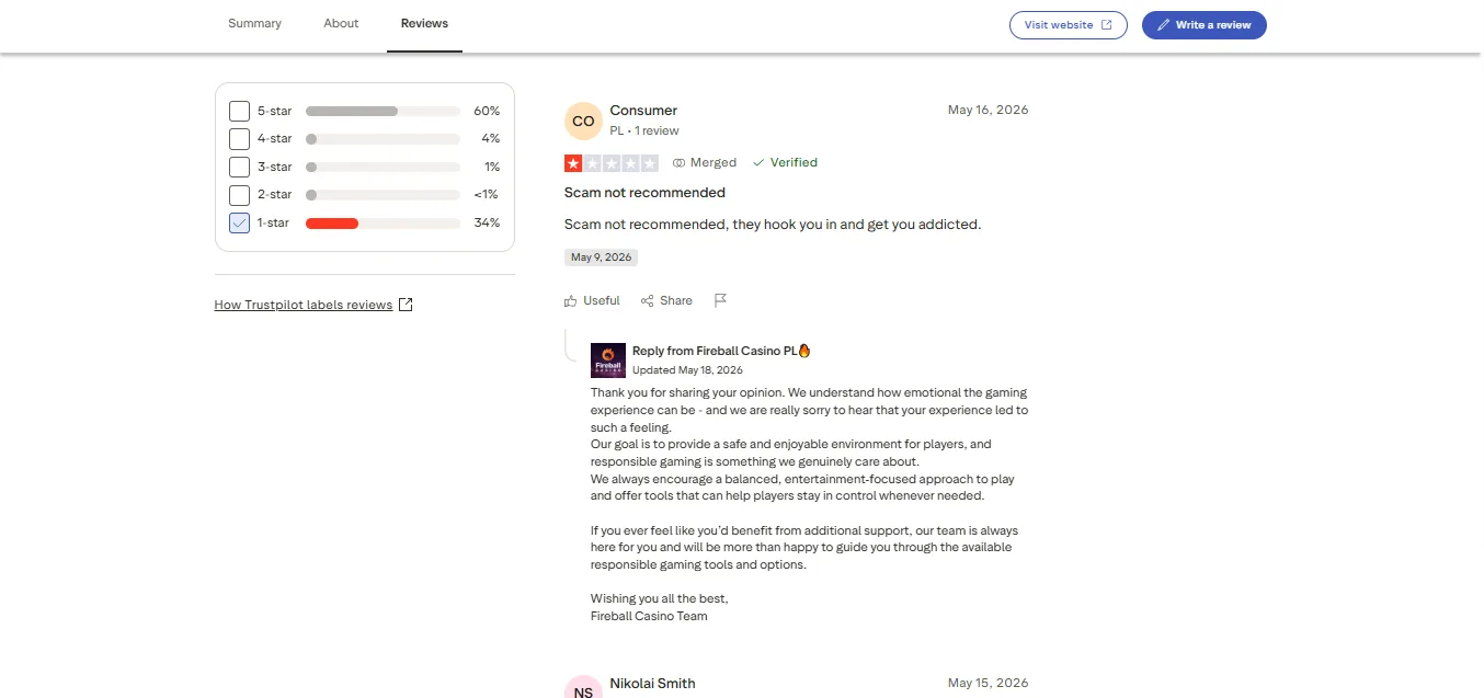 Screenshot of Fireball Casino's negative Trustpilot review
