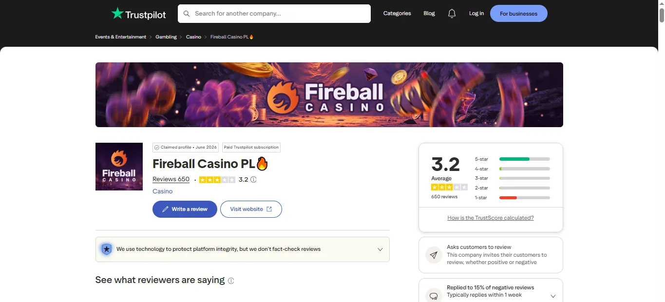 Screenshot of Fireball Casino's Trustpilot rating overview