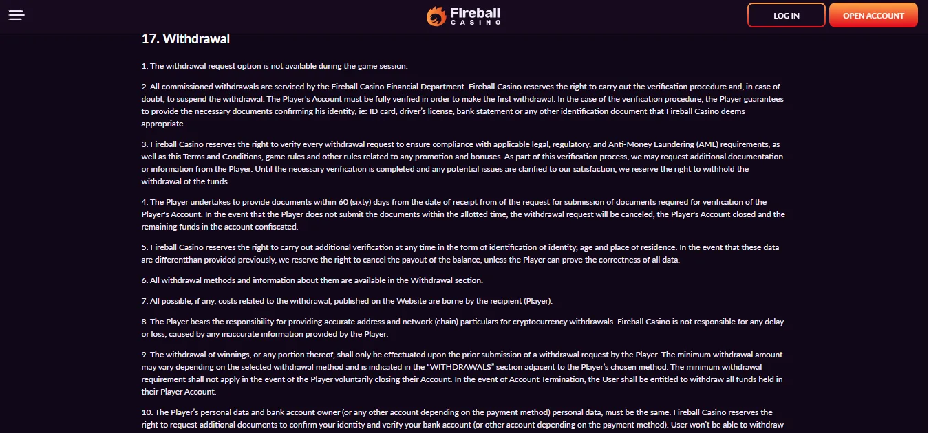Screenshot of Fireball Casino's withdrawal section and limits