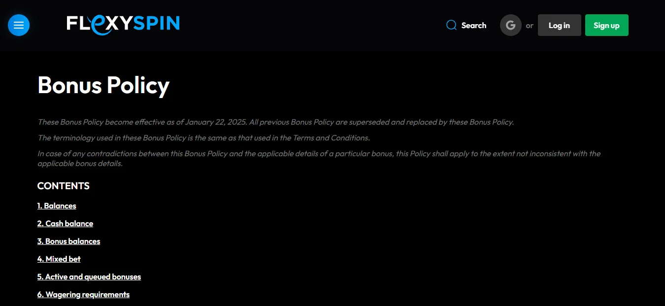 Screenshot of FLEXY-SPIN's bonus terms and wagering requirements
