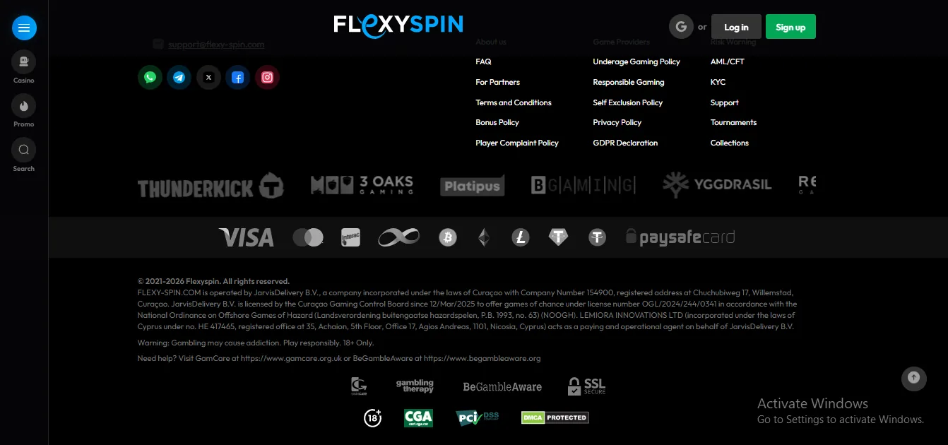 Screenshot of FLEXY-SPIN's footer licence and regulator details