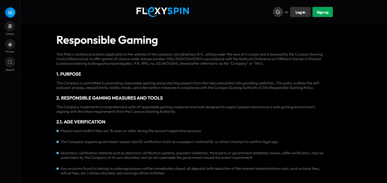 Screenshot of FLEXY-SPIN's responsible-gambling tools